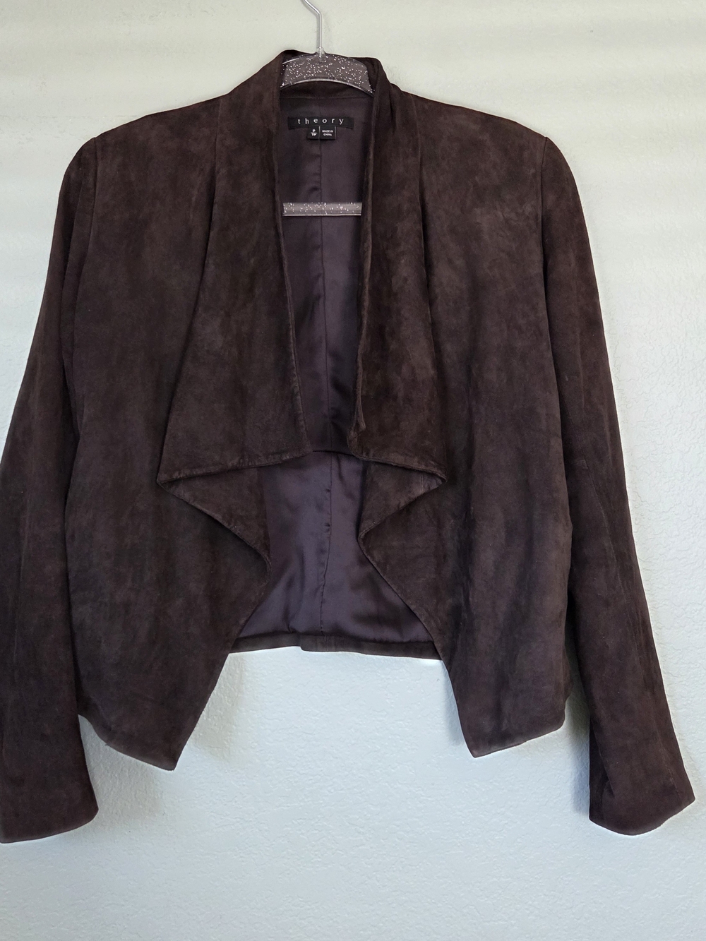 Theory Women's Brown Suede Draped Open Jacket Lamb Leather